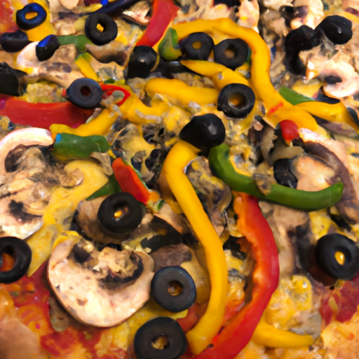 A colorful vegetarian pizza loaded with bell peppers, mushrooms, and olives