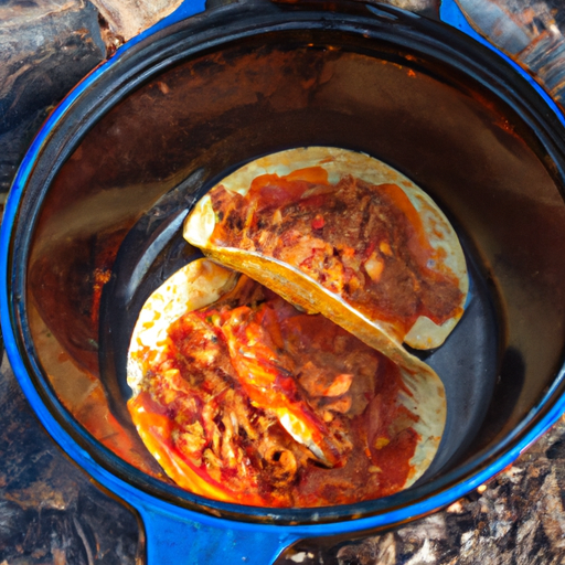 Cooking Dutch oven tacos over a campfire in a scenic outdoor setting