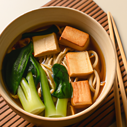 A bowl of vegetarian ramen filled with tofu, bok choy, and bamboo shoots in a savory broth